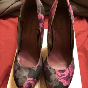 Purple, Gray, and black floral pumps
